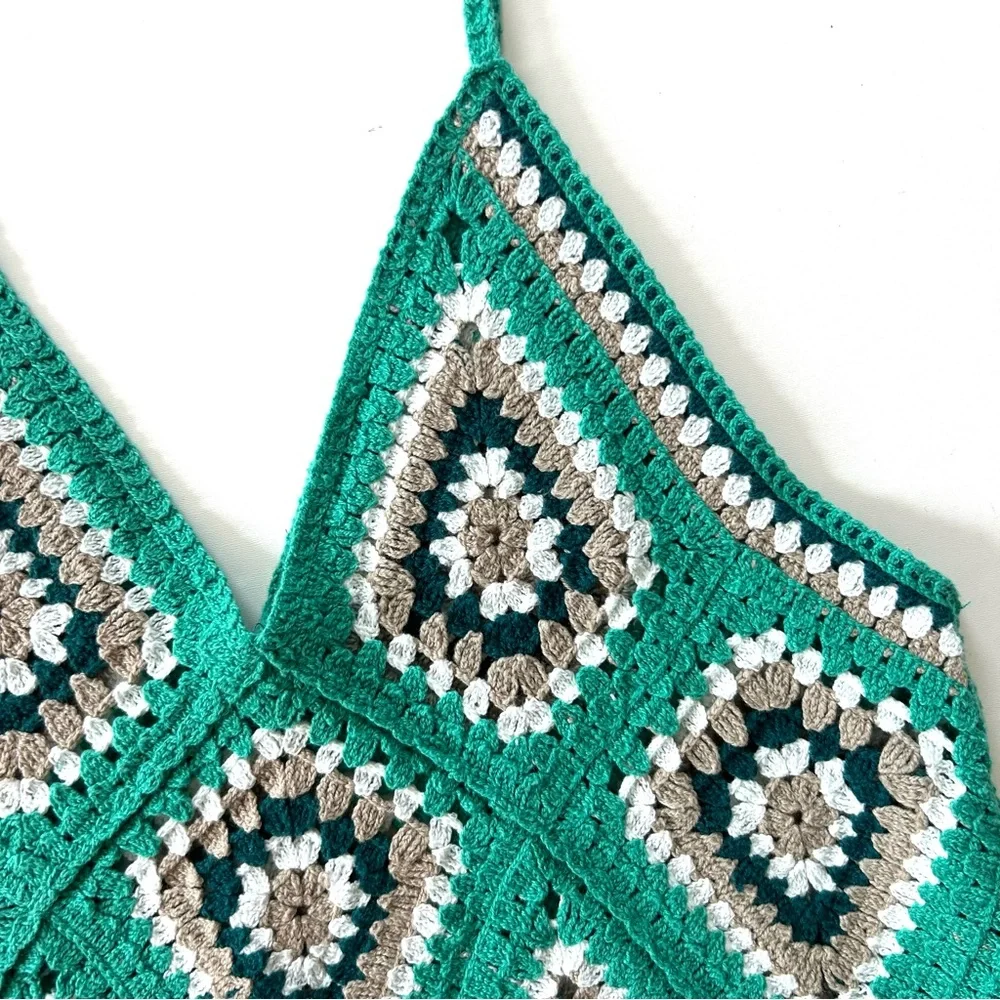 Boho Turquoise Green Crochet Knit Granny Square Sweater Crop Tank Top - Picture 2 of 5